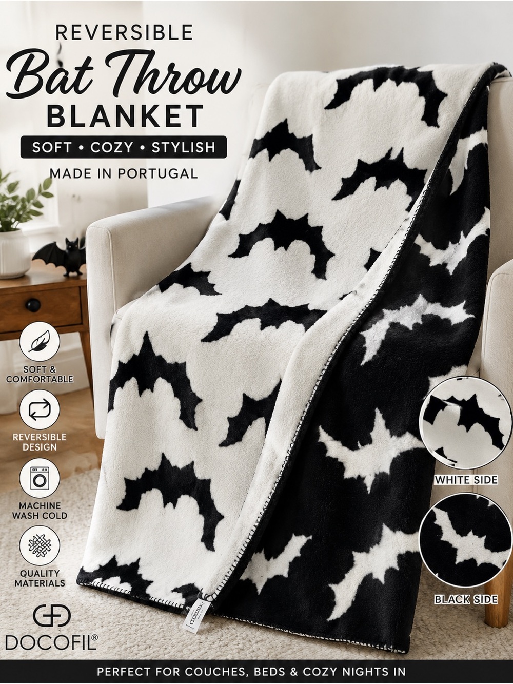 Reversible Black & White Bat Throw Blanket